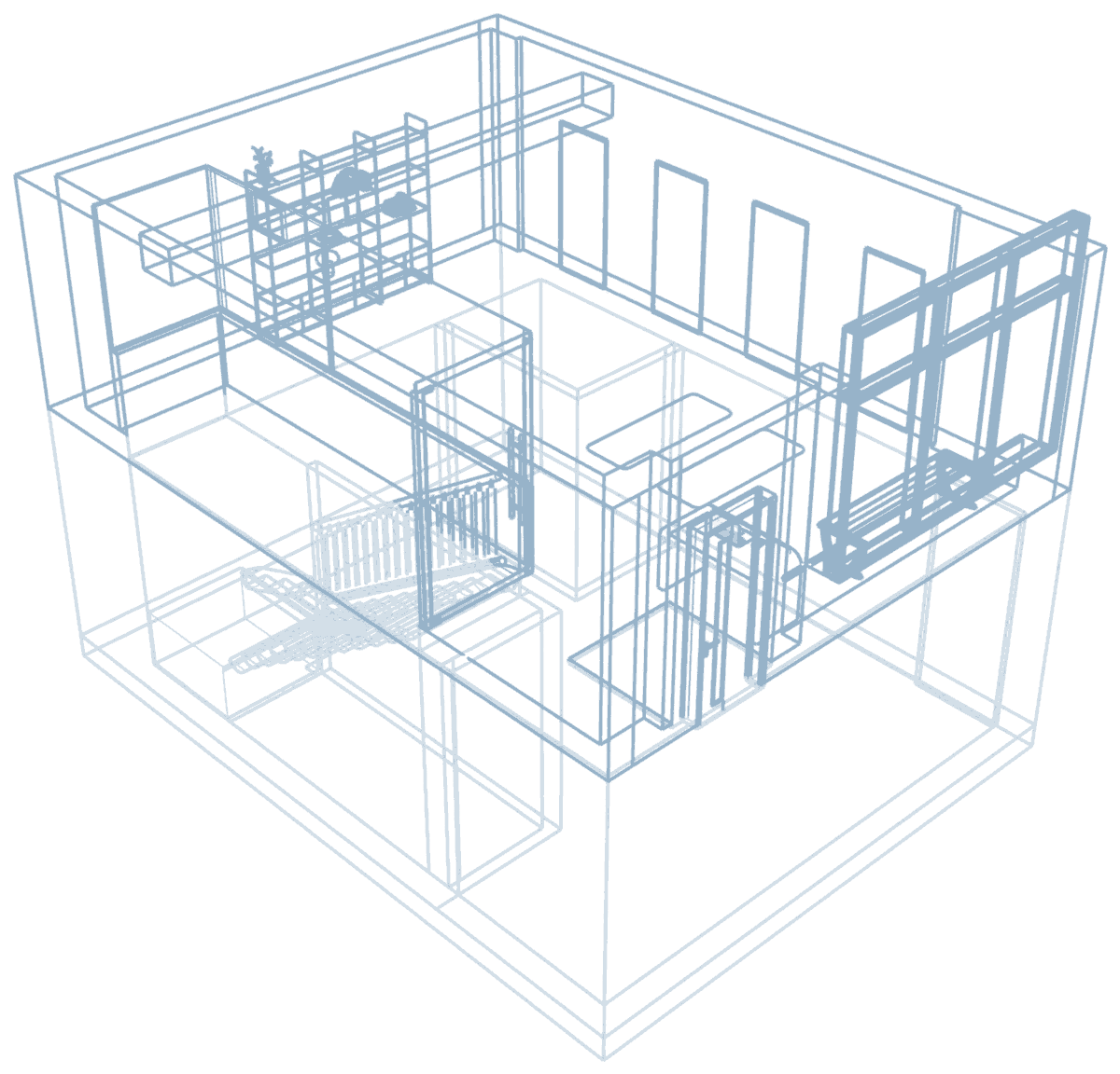 Wireframe illustration of the NEUE studio across two levels, the ground floor above and the lower ground below